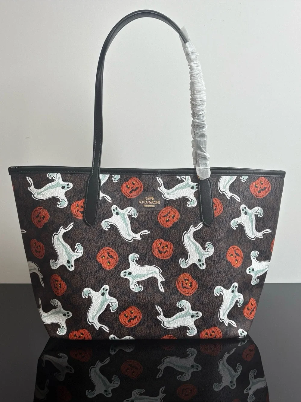 Coach Brown Tote with White Ghosts & Orange Jack-o'-lanterns